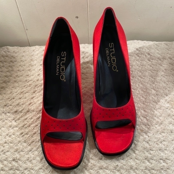 Delman Studio RED Rhinestone Dressy Heeled Peep Toe Shoes- Stunning!!! - Picture 1 of 9